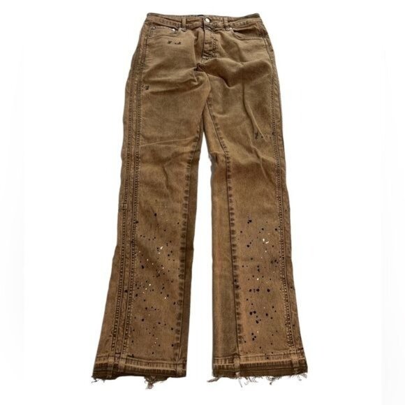 Represent Paint Splatter Raw Hem Slim Jeans Brown - Picture 1 of 5